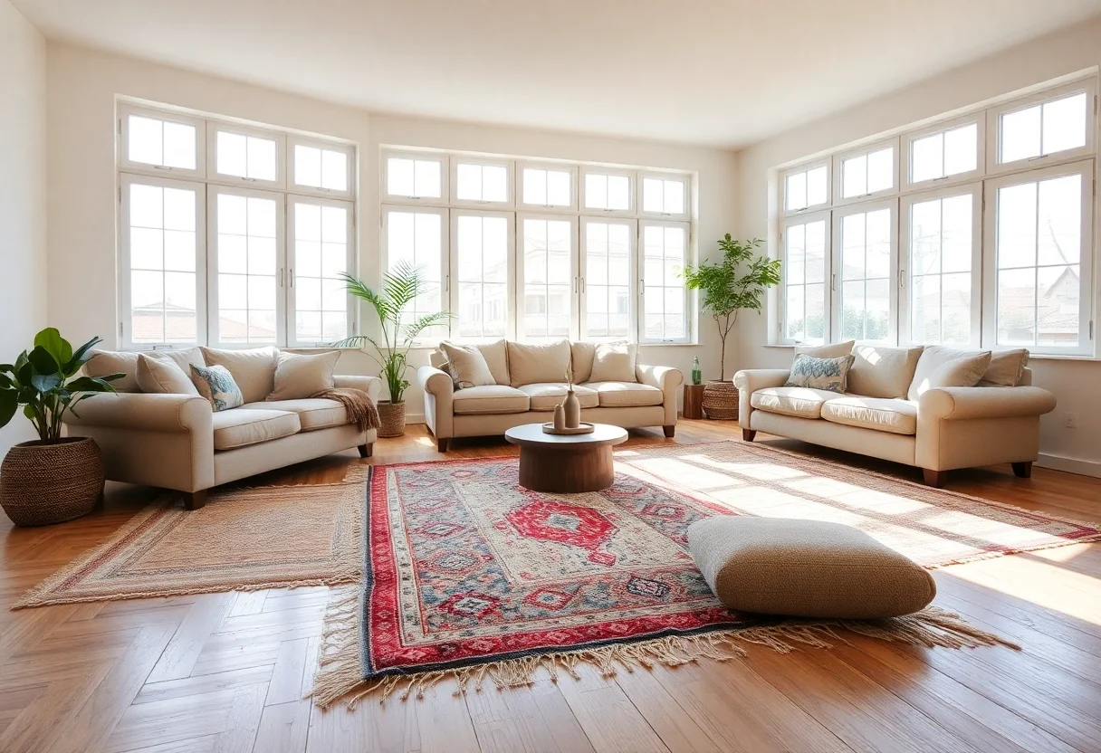 A bright and airy living room with large windows, comfortable beige sofas, and handwoven Turkish rugs on a wooden floor, showcasing sustainable interior design.