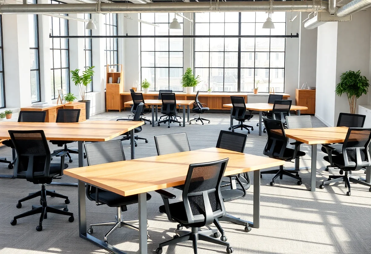 A collaborative open-plan office workspace with wooden tables and ergonomic chairs, featuring good natural lighting.
