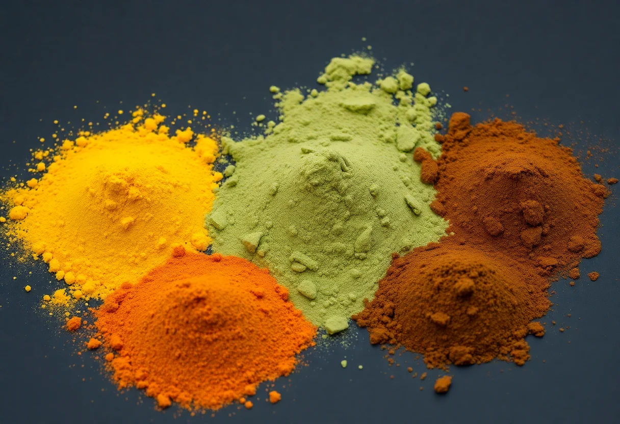 A collection of natural plant-based dyes in powdered form, showing various earth colors like ochre, green, and brown.