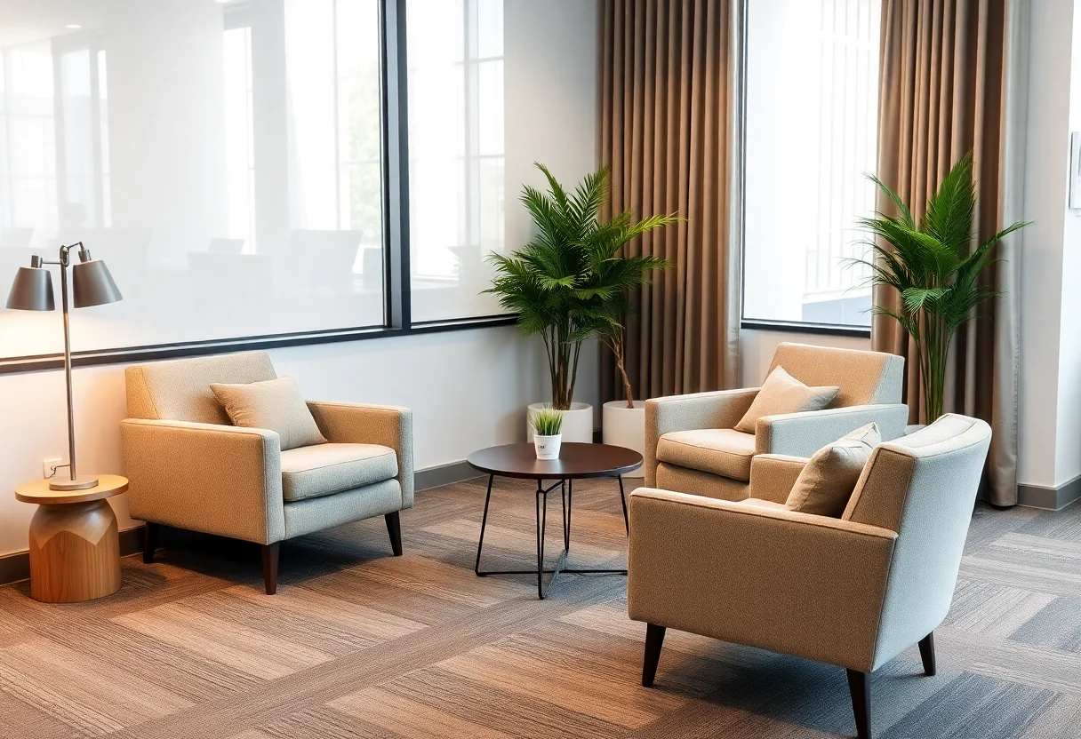 A cozy office break room with comfortable armchairs and a small coffee table, designed for relaxation and informal meetings.