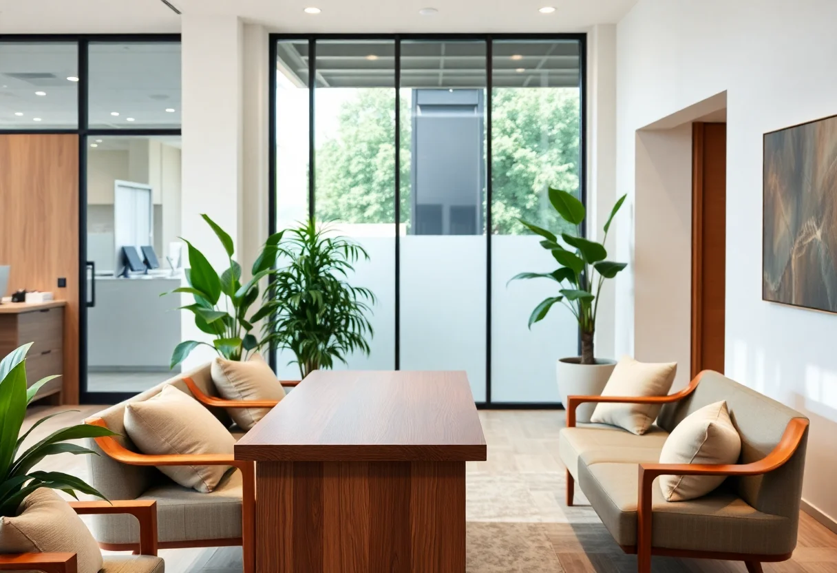 A modern office reception area with a wooden desk, comfortable seating with natural fabric cushions, and green plants.
