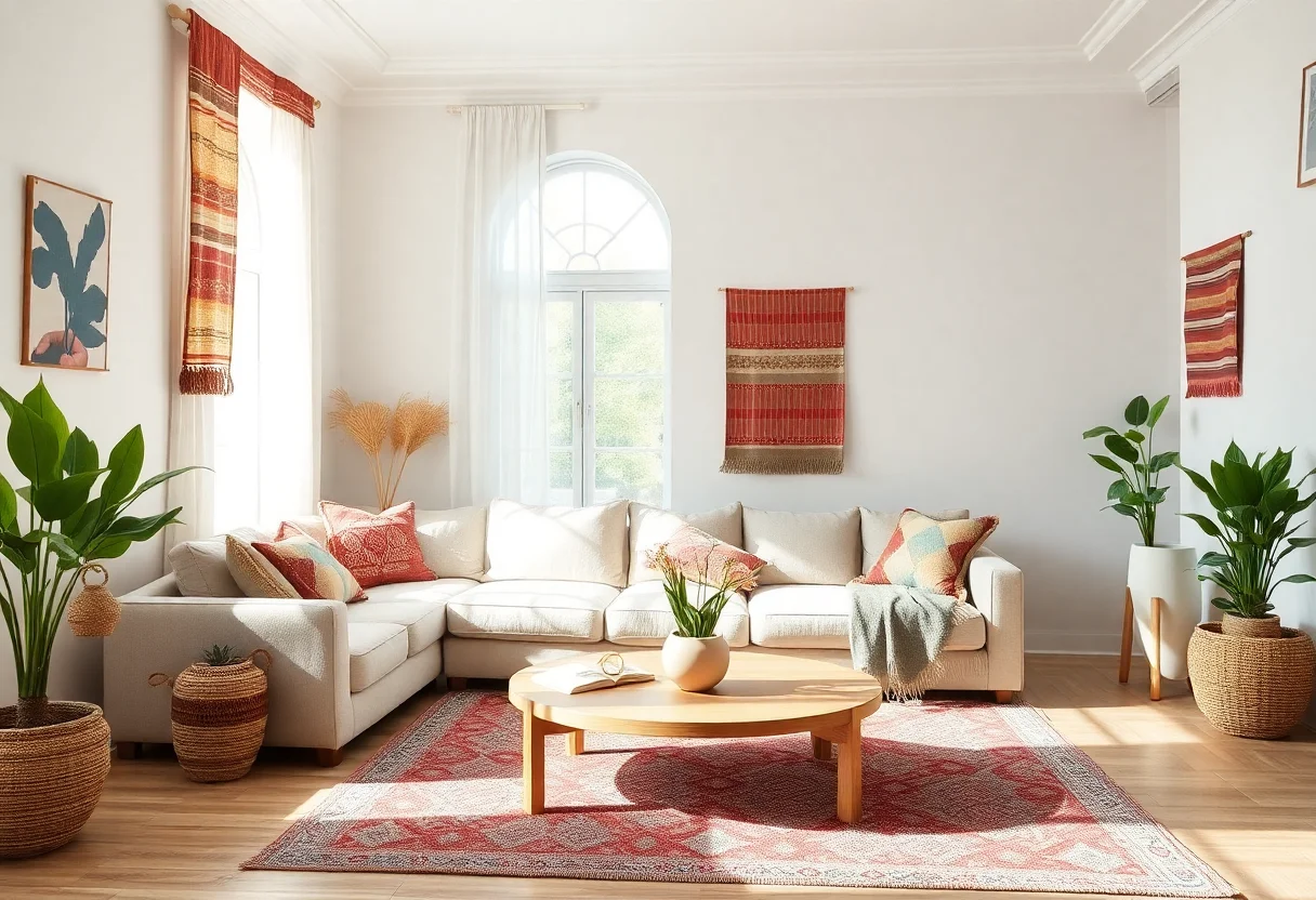 A serene living room interior with natural light and handwoven Turkish textile accents.