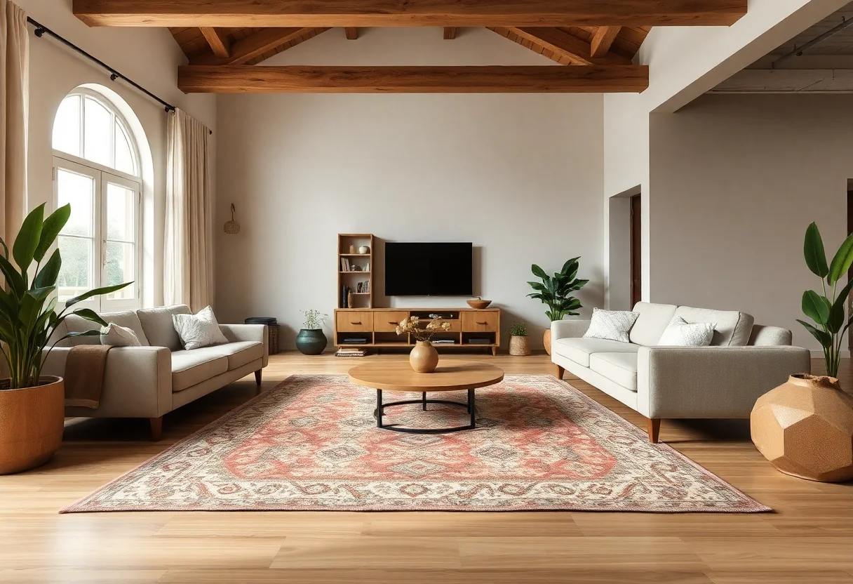 A spacious and modern living room with natural light, featuring earth-toned furniture and a large, textured Turkish rug, embodying sustainable interior design.