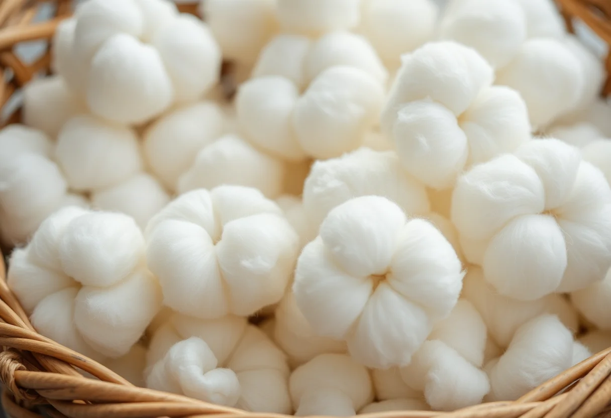 Close-up of soft, organic white cotton fibers in a rustic basket.