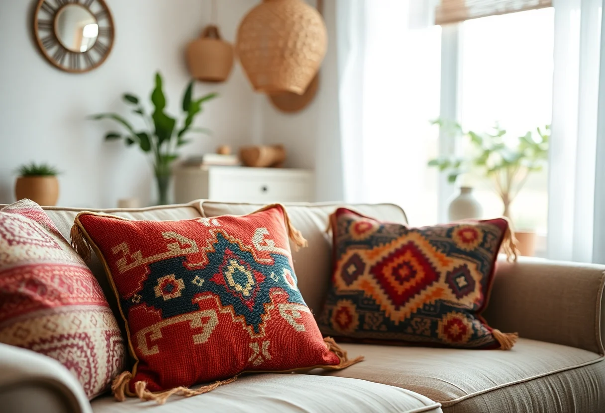 Cozy interior with natural light and handwoven Turkish textile pillows on a sofa.