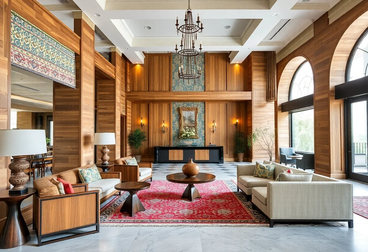 Elegant hotel lobby interior designed with custom Turkish textiles, kilim rugs, and natural wood elements.