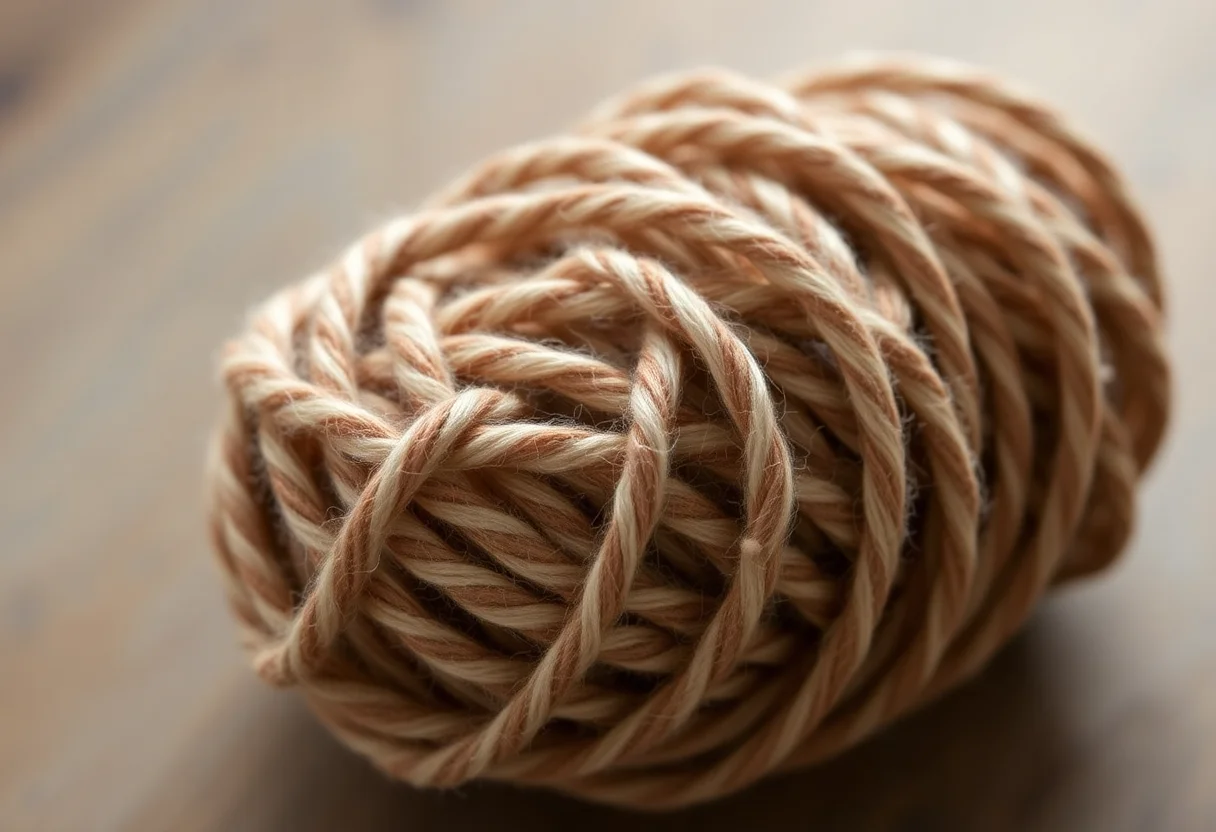 Hand-spun natural wool yarn in earth tones, coiled and ready for weaving.
