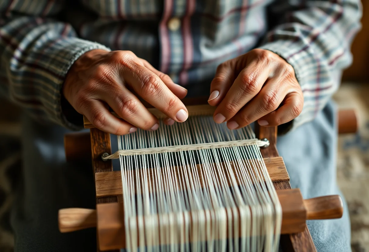 Hands of an elderly artisan weaving on a small, traditional wooden loom.